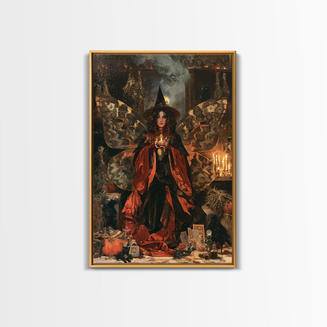 The Velvet Moth Witch, Macabre Victorian Decor, Vertical Wall Art, Framed Canvas Print, Gothic Wall Decor, Halloween Portrait Art