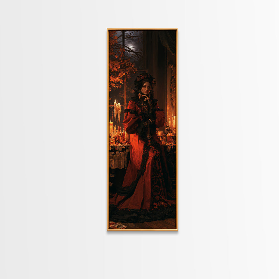 The Velvet Moth Witch, Victorian Horror Portrait, Tall Narrow Wall Art, Canvas Print, Gothic Wall Decor, Halloween Portrait Art