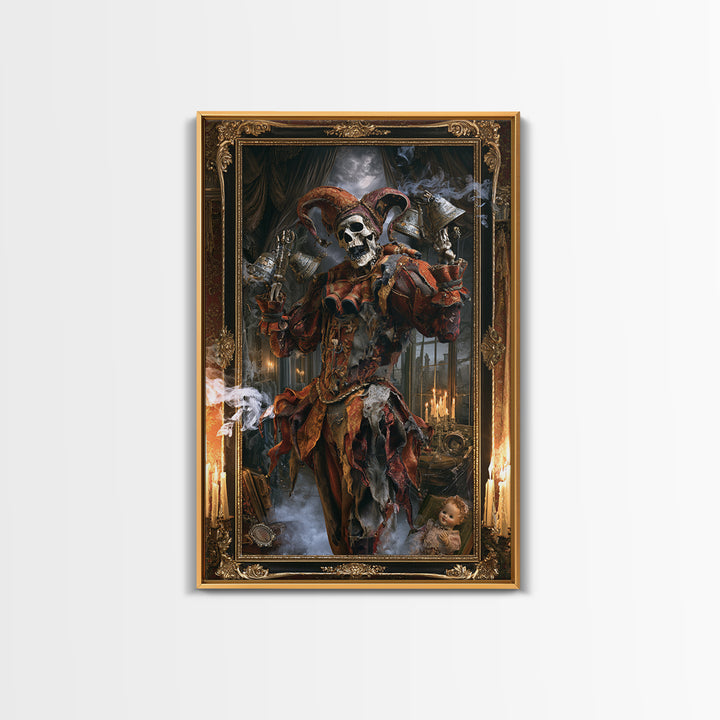 The Phantom Jester, Victorian Gothic Art, Vertical Wall Art, Framed Canvas Print, Gothic Wall Decor, Halloween Portrait Art