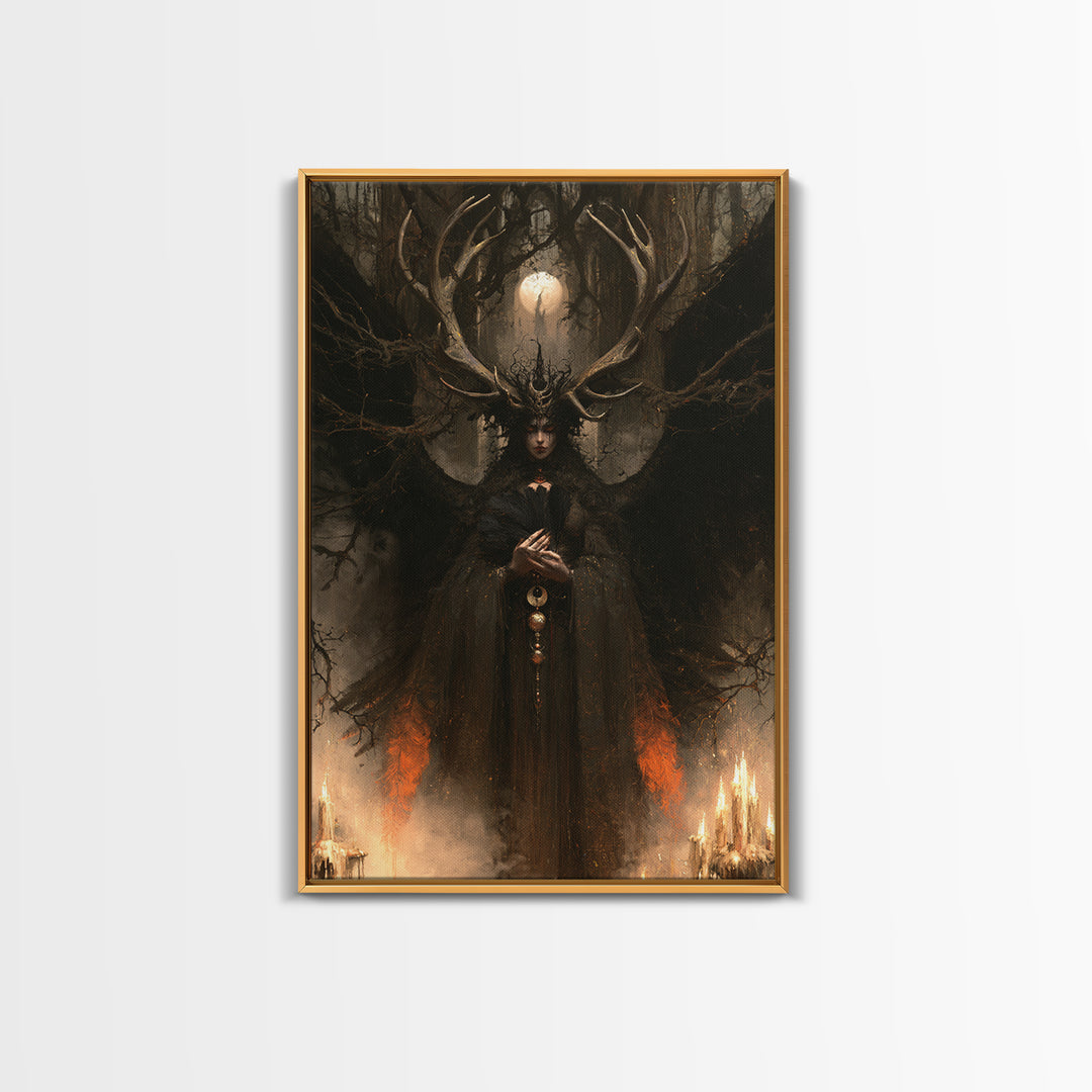 The Antlered Forest Spirit, Macabre Victorian Decor, Vertical Wall Art, Framed Canvas Print, Gothic Wall Decor, Halloween Portrait Art