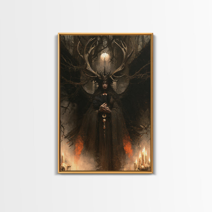 The Antlered Forest Spirit, Macabre Victorian Decor, Vertical Wall Art, Framed Canvas Print, Gothic Wall Decor, Halloween Portrait Art