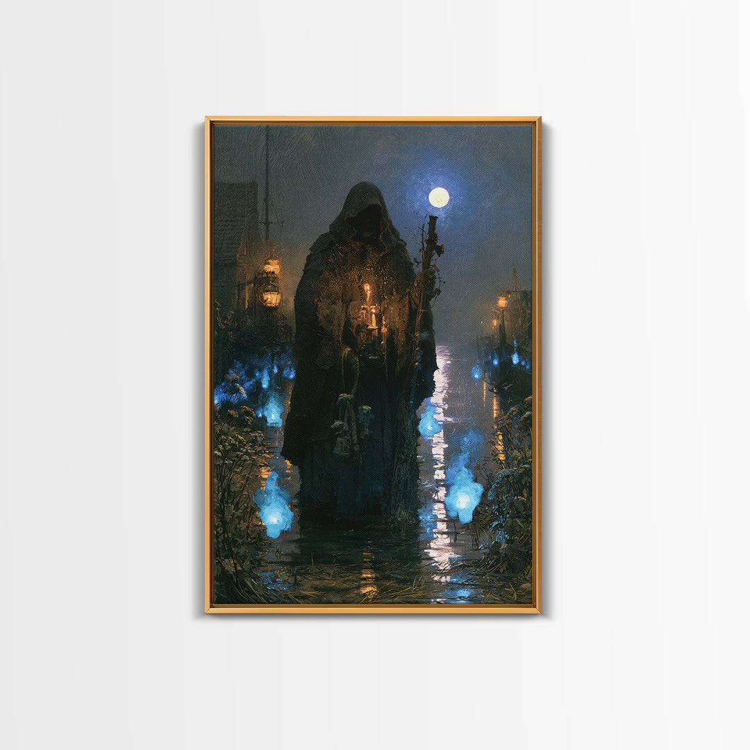 The Will-O'-The-Wisp Shepherd, Victorian Horror Portrait, Vertical Wall Art, Framed Canvas Print, Gothic Wall Decor, Halloween Portrait Art