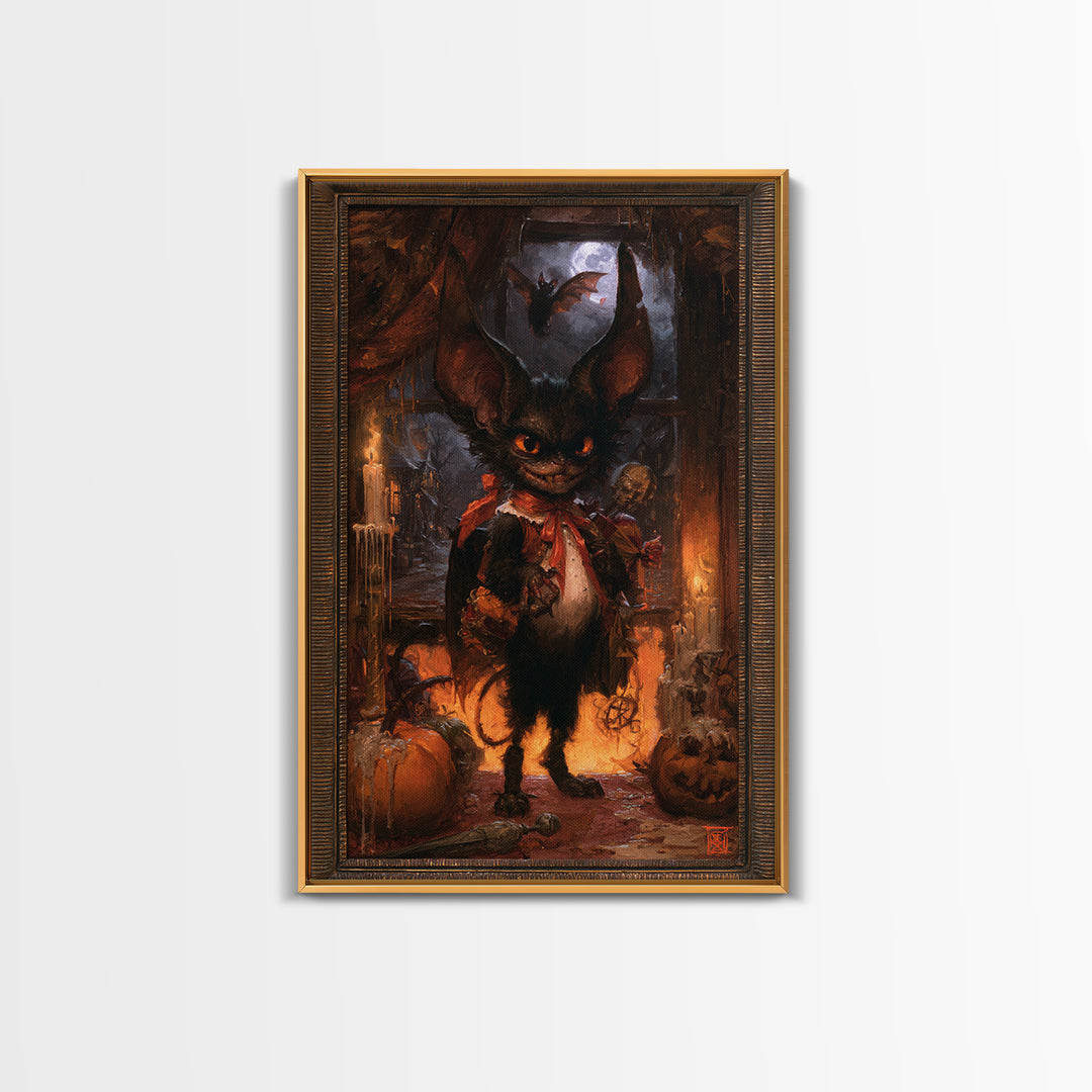 The Bat-Winged Imp, Dark Academia Wall Art, Vertical Wall Art, Framed Canvas Print, Gothic Wall Decor, Halloween Portrait Art