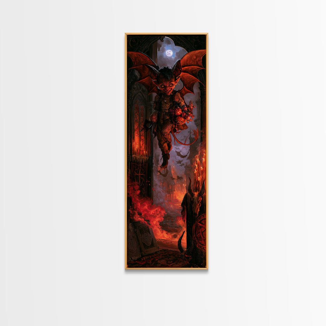 The Bat-Winged Imp, Macabre Victorian Decor, Tall Narrow Wall Art, Canvas Print, Gothic Wall Decor, Halloween Portrait Art