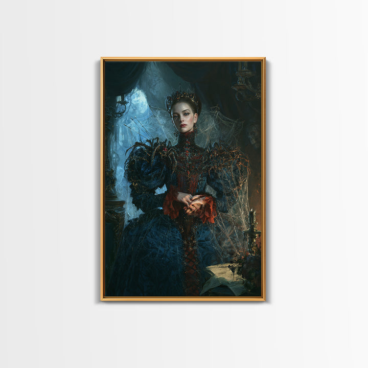 The Spider Queen, Antique Gothic Portrait, Vertical Wall Art, Framed Canvas Print, Gothic Wall Decor, Halloween Portrait Art