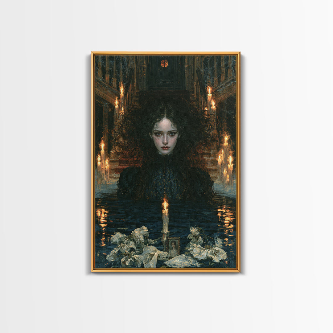 The Lake Phantom, Antique Gothic Portrait, Vertical Wall Art, Framed Canvas Print, Gothic Wall Decor, Halloween Portrait Art