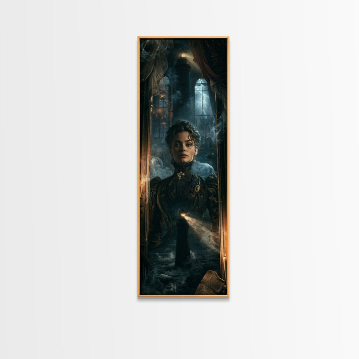 The Cursed Lighthouse, Antique Gothic Portrait, Tall Narrow Wall Art, Framed Canvas Print, Gothic Wall Decor, Halloween Portrait Art