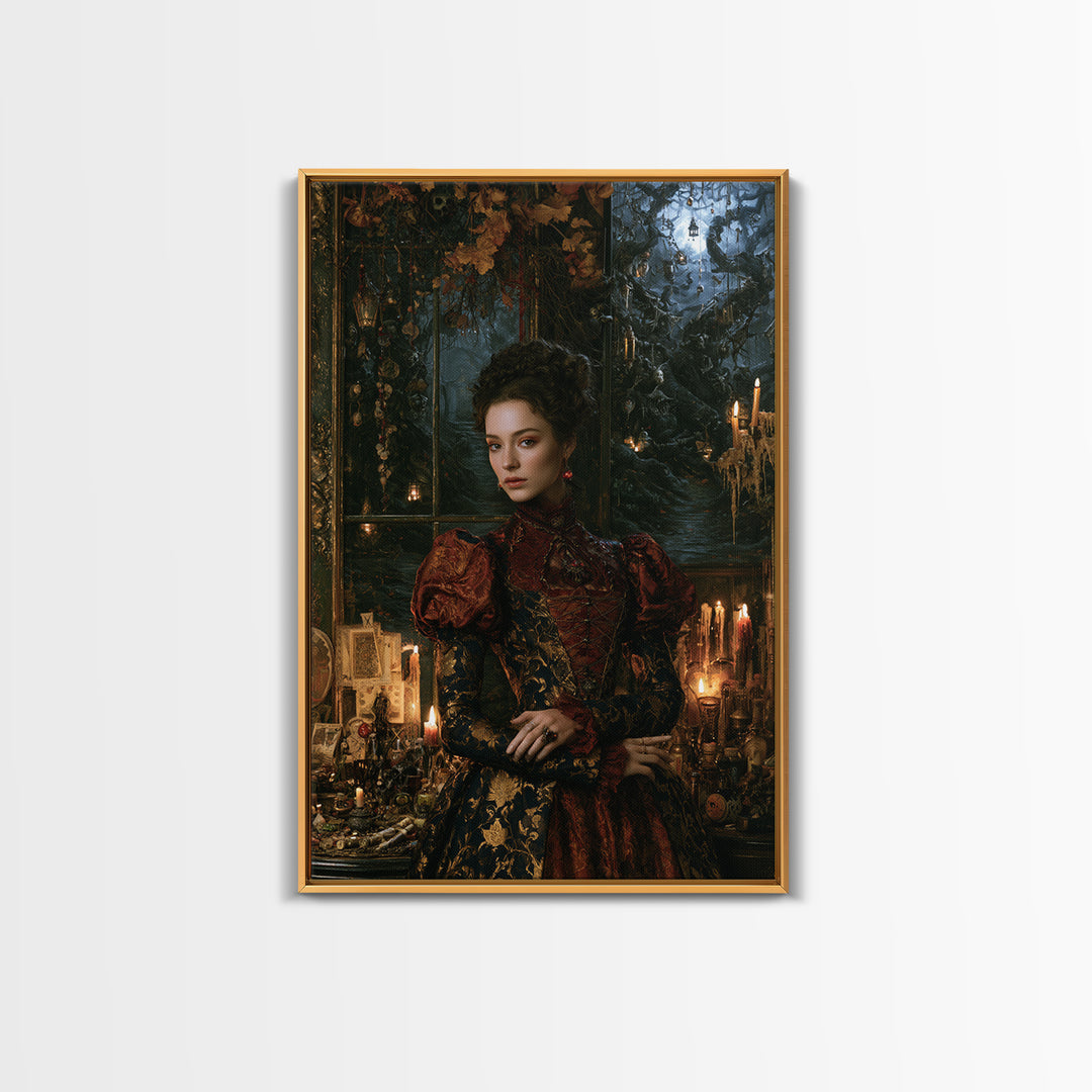 The Witch'S Forest, Antique Gothic Portrait, Vertical Wall Art, Framed Canvas Print, Gothic Wall Decor, Halloween Portrait Art