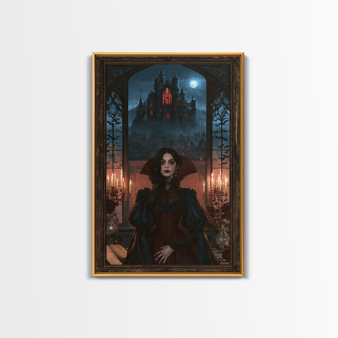 The Vampire Castle, Victorian Horror Portrait, Vertical Wall Art, Framed Canvas Print, Gothic Wall Decor, Halloween Portrait Art