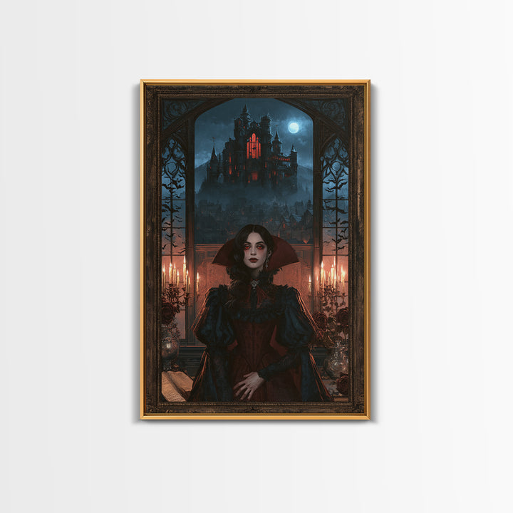 The Vampire Castle, Victorian Horror Portrait, Vertical Wall Art, Framed Canvas Print, Gothic Wall Decor, Halloween Portrait Art