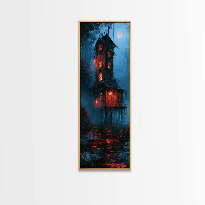 The Foggy Swamp Shack, Antique Gothic Portrait, Tall Narrow Wall Art, Framed Canvas Print, Gothic Wall Decor, Halloween Portrait Art