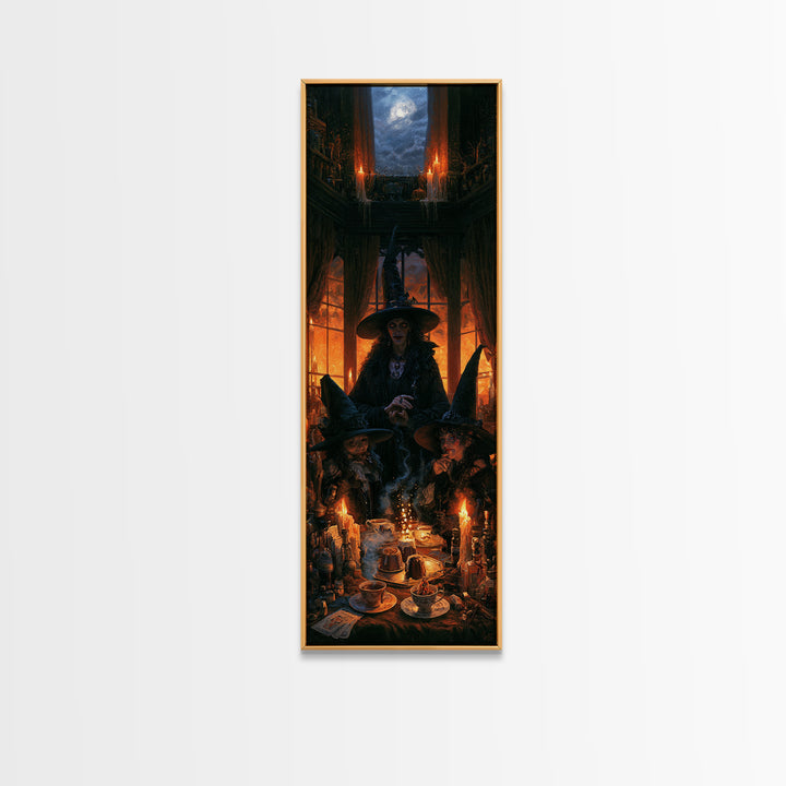 The Witches' Tea Party, Antique Gothic Portrait, Tall Narrow Wall Art, Canvas Print, Gothic Wall Decor, Halloween Portrait Art