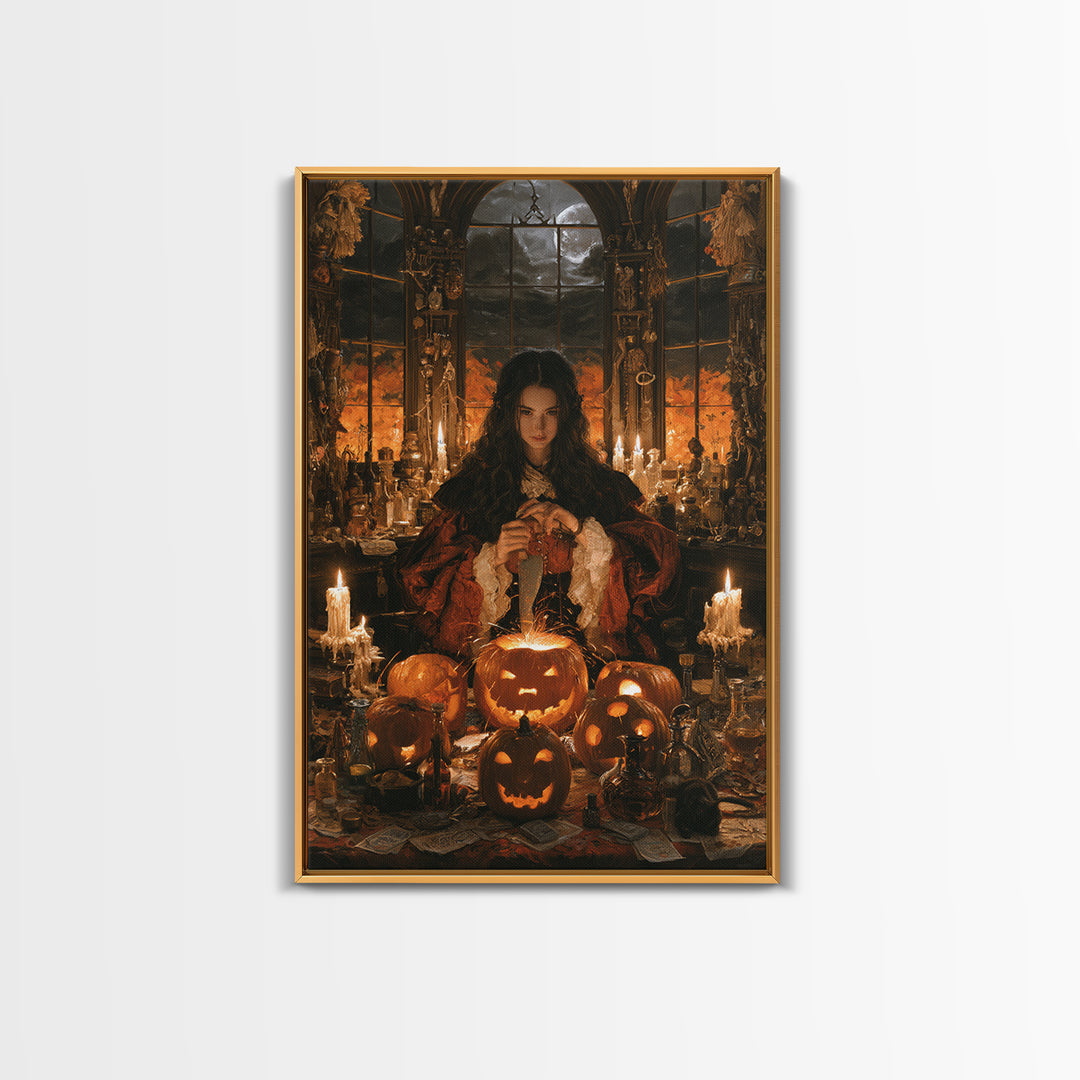The Pumpkin-Carving Ritual, Victorian Gothic Art, Vertical Wall Art, Canvas Print, Gothic Wall Decor, Halloween Portrait Art
