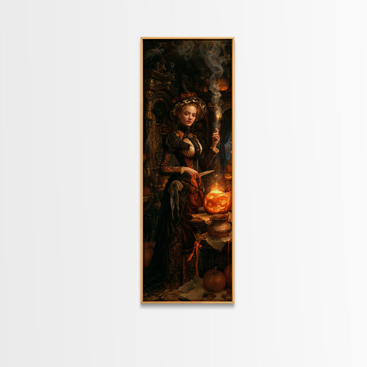 The Pumpkin-Carving Ritual, Victorian Horror Portrait, Tall Narrow Wall Art, Framed Canvas Print, Gothic Wall Decor, Halloween Portrait Art