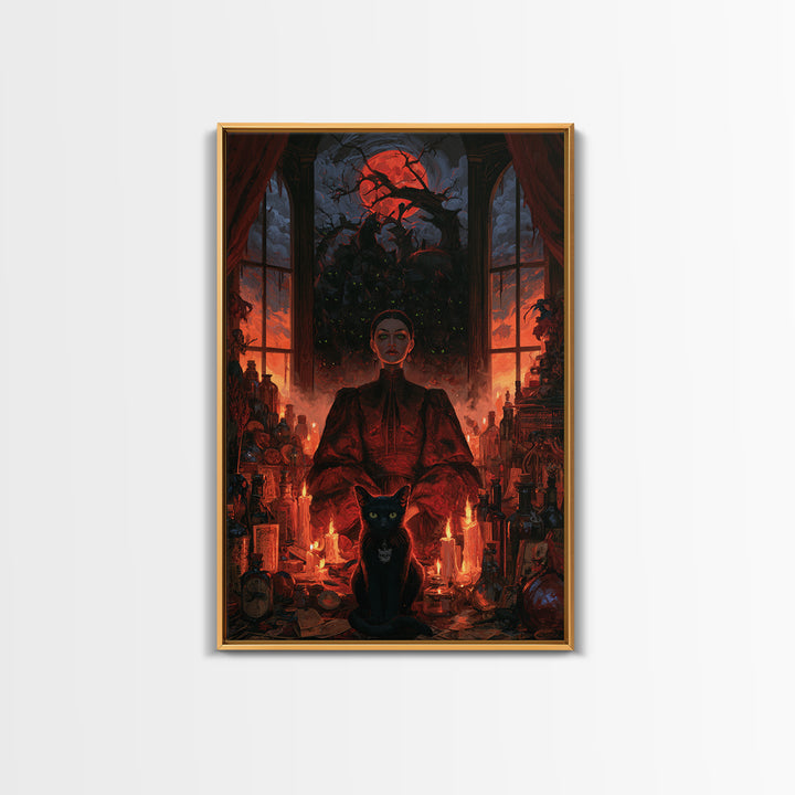 The Black Cat Gathering, Macabre Victorian Decor, Vertical Wall Art, Framed Canvas Print, Gothic Wall Decor, Halloween Portrait Art