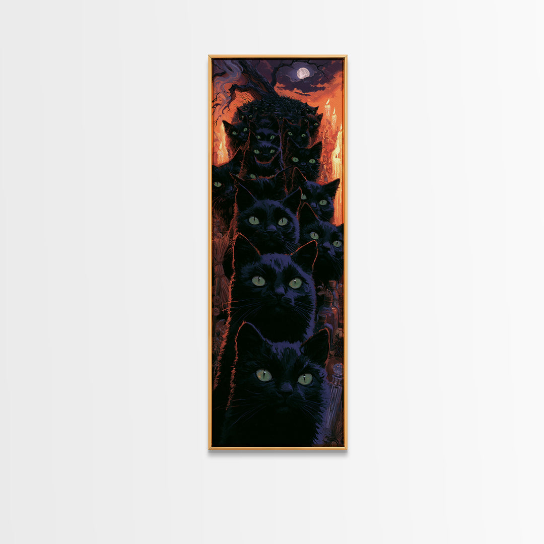 The Black Cat Gathering, Macabre Victorian Decor, Tall Narrow Wall Art, Framed Canvas Print, Gothic Wall Decor, Halloween Portrait Art