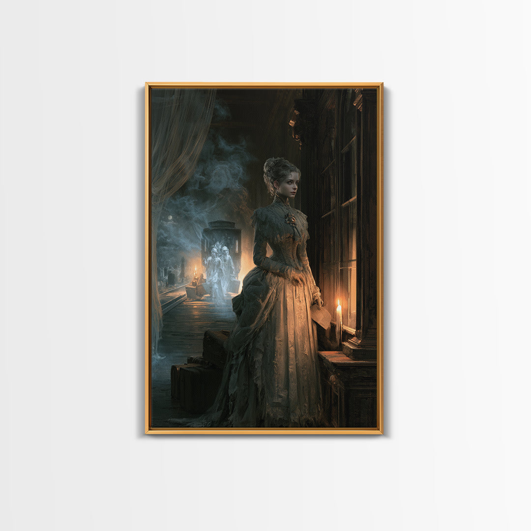 The Ghost Train Arrival, Antique Gothic Portrait, Vertical Wall Art, Framed Canvas Print, Gothic Wall Decor, Halloween Portrait Art