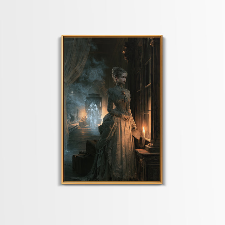 The Ghost Train Arrival, Antique Gothic Portrait, Vertical Wall Art, Framed Canvas Print, Gothic Wall Decor, Halloween Portrait Art