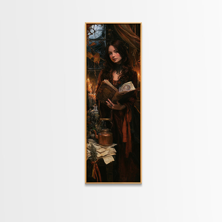 The Living Spellbook, Antique Gothic Portrait, Tall Narrow Wall Art, Canvas Print, Gothic Wall Decor, Halloween Portrait Art