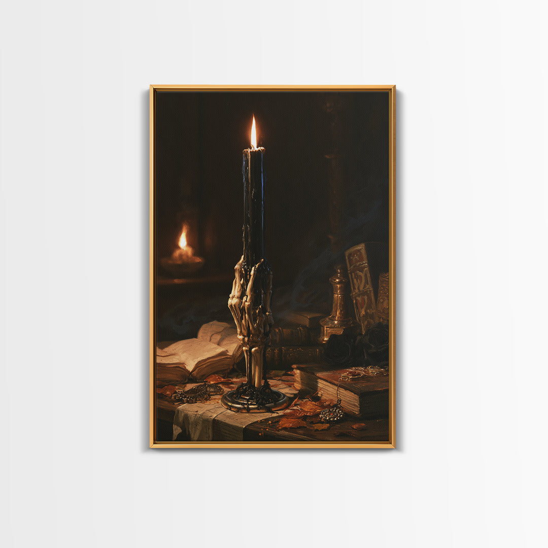 The Skeletal Hand Candleholder, Victorian Horror Portrait, Vertical Wall Art, Canvas Print, Gothic Wall Decor, Halloween Portrait Art