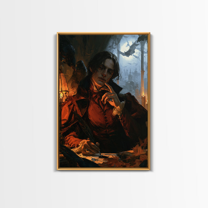 The Raven-Feather Quill, Dark Academia Wall Art, Vertical Wall Art, Canvas Print, Gothic Wall Decor, Halloween Portrait Art, Horror Wall Art