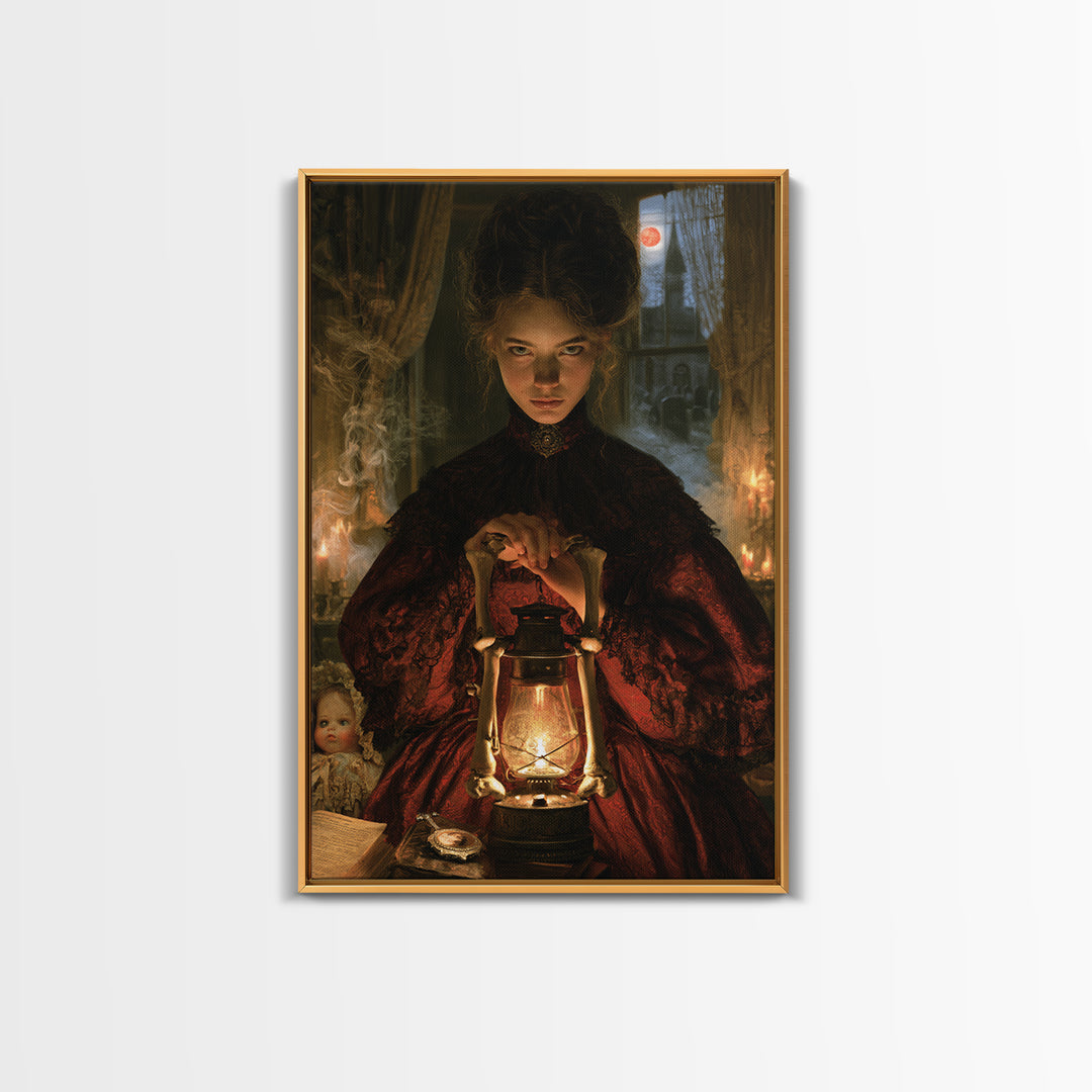 The Bone-Handled Lantern, Antique Gothic Portrait, Vertical Wall Art, Canvas Print, Gothic Wall Decor, Halloween Portrait Art