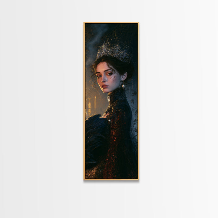 The Spiderweb Crown, Antique Gothic Portrait, Tall Narrow Wall Art, Canvas Print, Gothic Wall Decor, Halloween Portrait Art