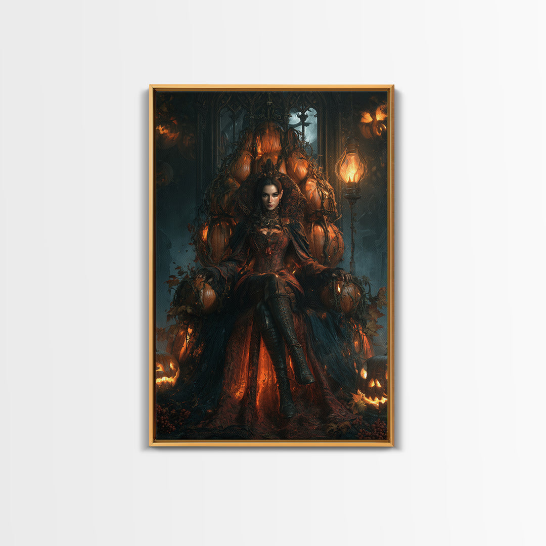 The Jack-O'-Lantern Throne, Victorian Horror Portrait, Vertical Wall Art, Framed Canvas Print, Gothic Wall Decor, Halloween Portrait Art