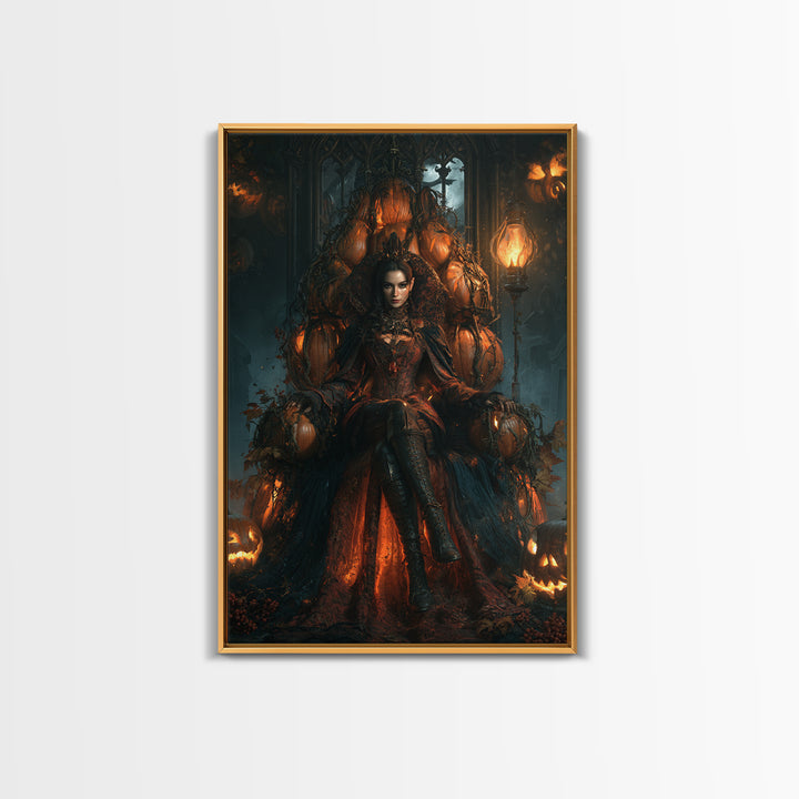 The Jack-O'-Lantern Throne, Victorian Horror Portrait, Vertical Wall Art, Framed Canvas Print, Gothic Wall Decor, Halloween Portrait Art