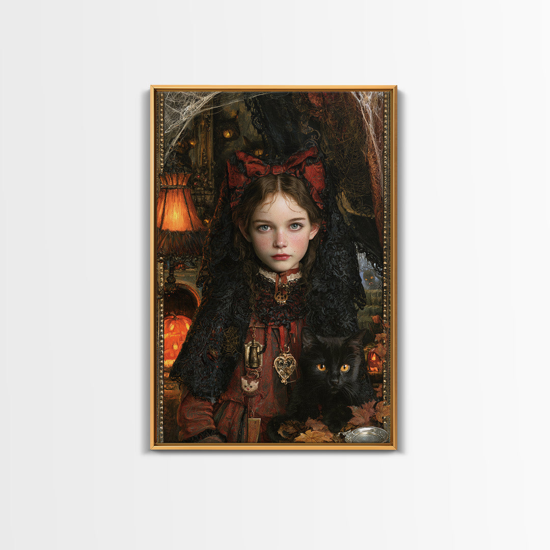 Black Lace And Cobwebs, Antique Gothic Portrait, Vertical Wall Art, Framed Canvas Print, Gothic Wall Decor, Halloween Portrait Art
