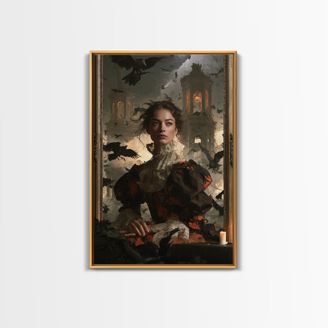 Ravens And Ruins, Victorian Gothic Art, Vertical Wall Art, Framed Canvas Print, Gothic Wall Decor, Halloween Portrait Art