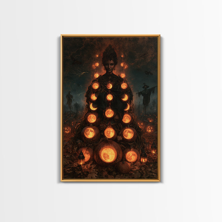 Pumpkins And Moon Phases, Victorian Horror Portrait, Vertical Wall Art, Canvas Print, Gothic Wall Decor, Halloween Portrait Art