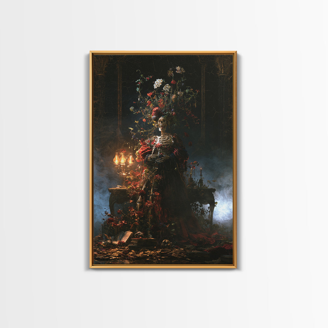 Skeletal Botanicals, Macabre Victorian Decor, Vertical Wall Art, Canvas Print, Gothic Wall Decor, Halloween Portrait Art, Spooky Wall Decor