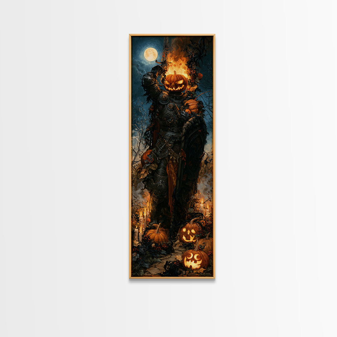 The Pumpkin Paladin, Victorian Gothic Art, Tall Narrow Wall Art, Framed Canvas Print, Gothic Wall Decor, Halloween Portrait Art