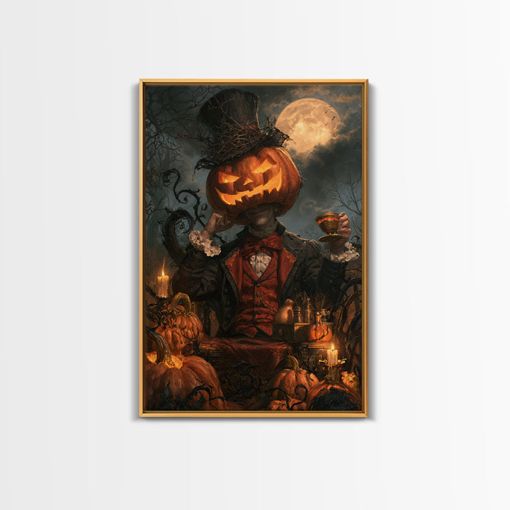 The Pumpkin-Headed Tea Merchant, Victorian Gothic Art, Vertical Wall Art, Framed Canvas Print, Gothic Wall Decor, Halloween Portrait Art