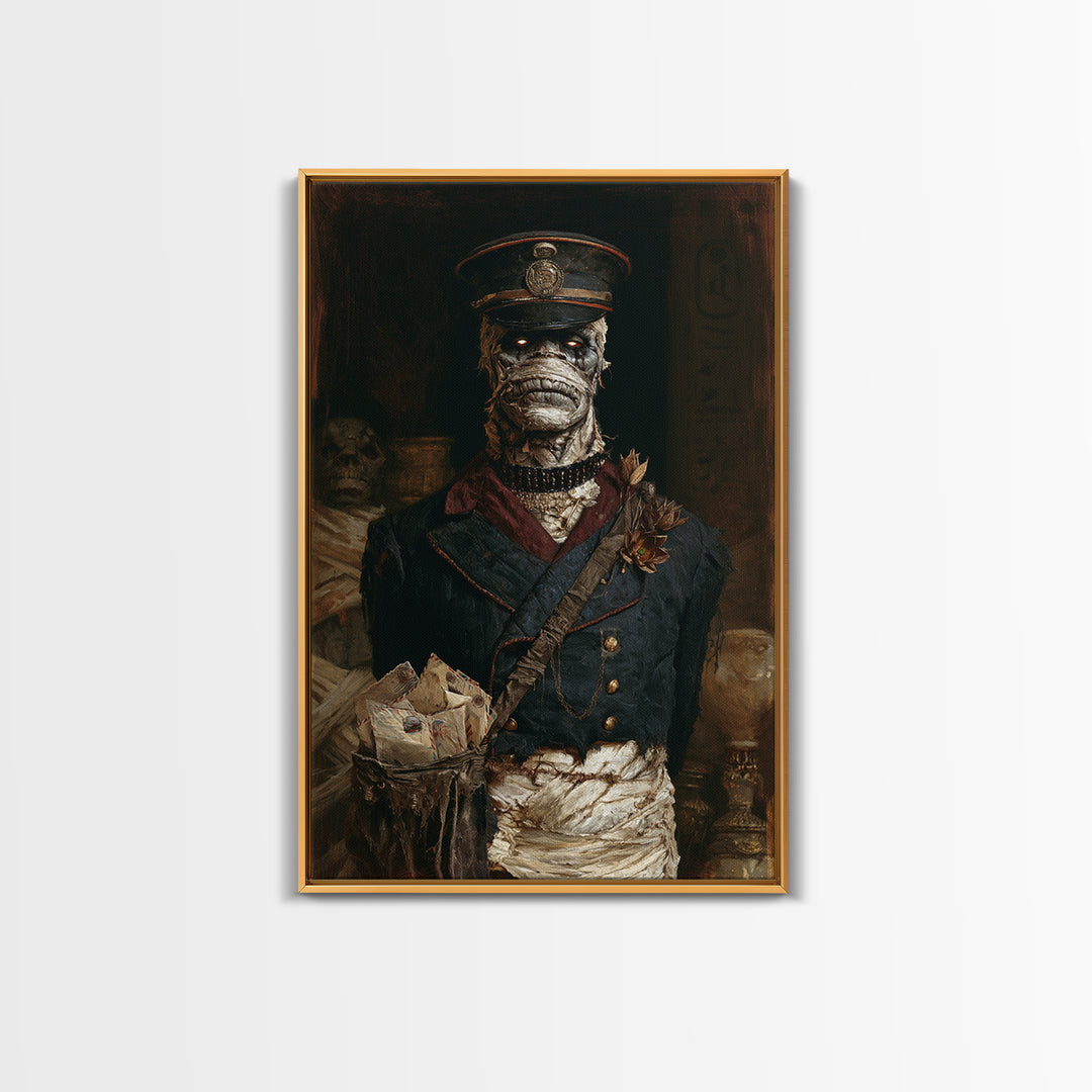 The Mummy Mail Carrier, Dark Academia Wall Art, Vertical Wall Art, Framed Canvas Print, Gothic Wall Decor, Halloween Portrait Art