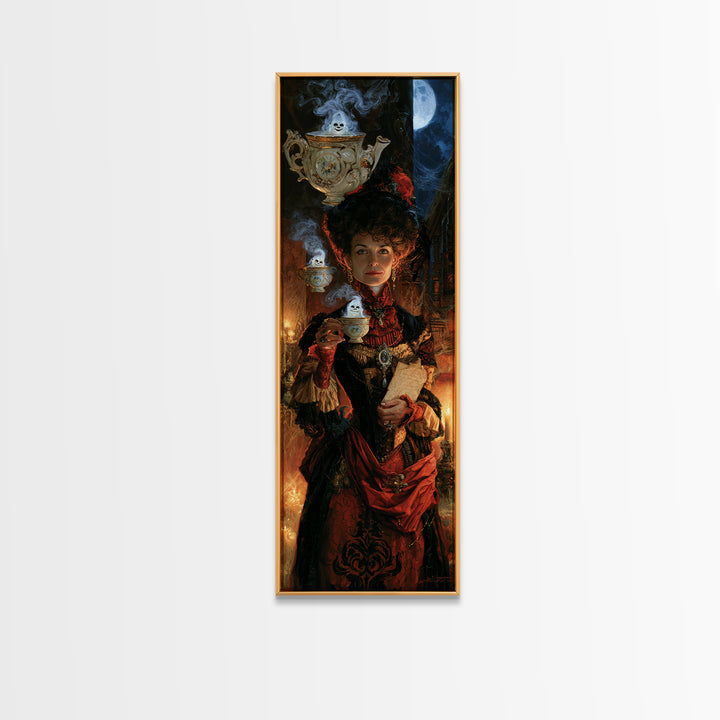 Tiny Ghosts In Teacups, Antique Gothic Portrait, Tall Narrow Wall Art, Canvas Print, Gothic Wall Decor, Halloween Portrait Art