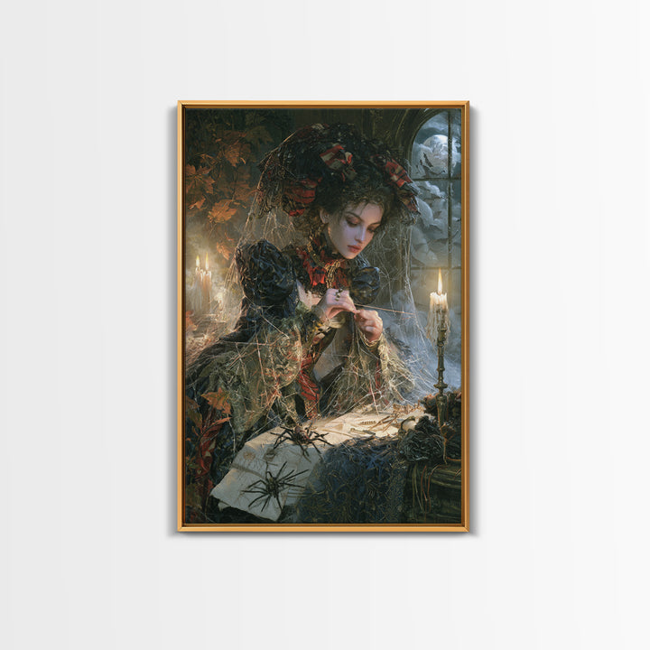 The Spider Sewing Circle, Victorian Horror Portrait, Vertical Wall Art, Framed Canvas Print, Gothic Wall Decor, Halloween Portrait Art