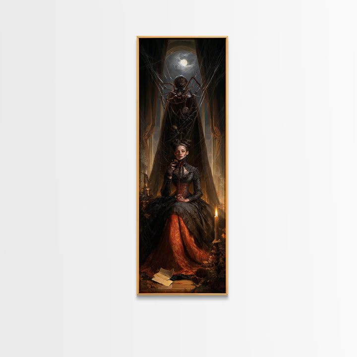 The Spider Sewing Circle, Victorian Horror Portrait, Tall Narrow Wall Art, Framed Canvas Print, Gothic Wall Decor, Halloween Portrait Art