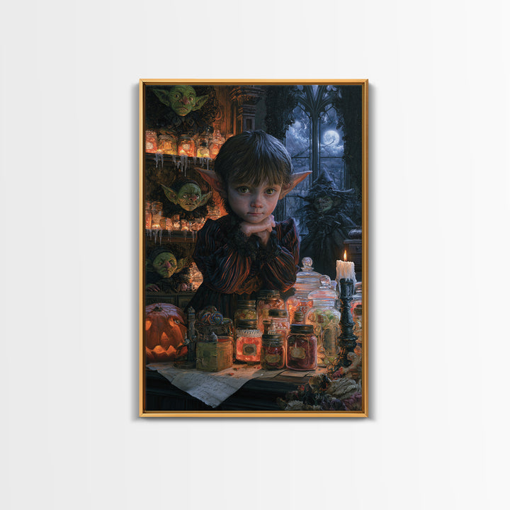 The Goblin Candy Shop, Dark Academia Wall Art, Vertical Wall Art, Framed Canvas Print, Gothic Wall Decor, Halloween Portrait Art
