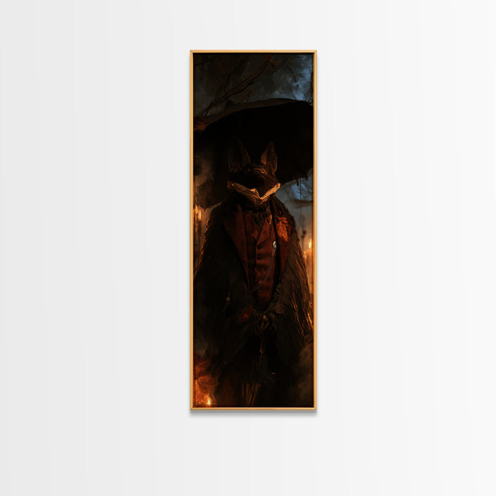 The Bat Umbrella Salesman, Macabre Victorian Decor, Tall Narrow Wall Art, Framed Canvas Print, Gothic Wall Decor, Halloween Portrait Art