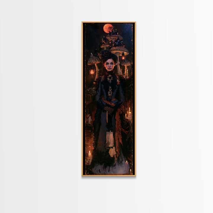 The Moonlit Mushroom Village, Macabre Victorian Decor, Tall Narrow Wall Art, Framed Canvas Print, Gothic Wall Decor, Halloween Portrait Art
