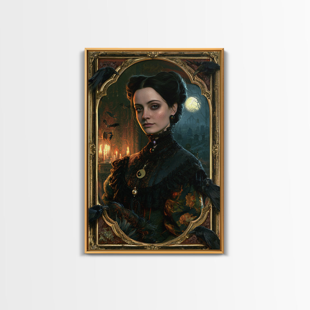 The Raven Post Office, Victorian Horror Portrait, Vertical Wall Art, Framed Canvas Print, Gothic Wall Decor, Halloween Portrait Art
