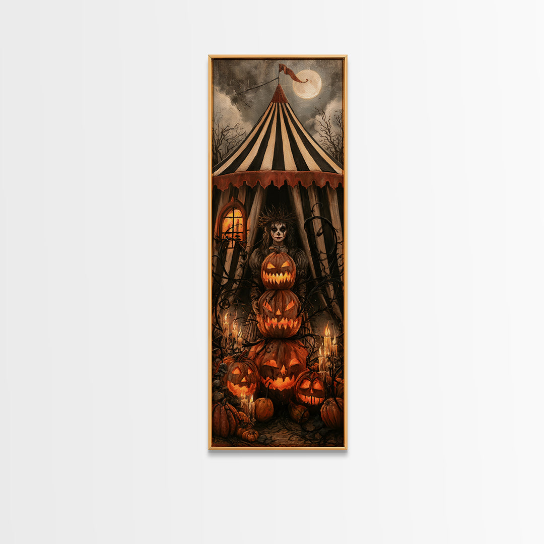 The Jack-O'-Lantern Circus, Macabre Victorian Decor, Tall Narrow Wall Art, Framed Canvas Print, Gothic Wall Decor, Halloween Portrait Art