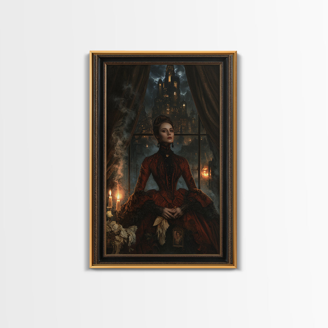 The Haunted City Skyline, Victorian Gothic Art, Vertical Wall Art, Framed Canvas Print, Gothic Wall Decor, Halloween Portrait Art