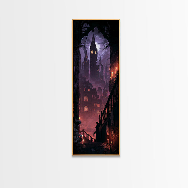 The Haunted City Skyline, Dark Academia Wall Art, Tall Narrow Wall Art, Framed Canvas Print, Gothic Wall Decor, Halloween Portrait Art