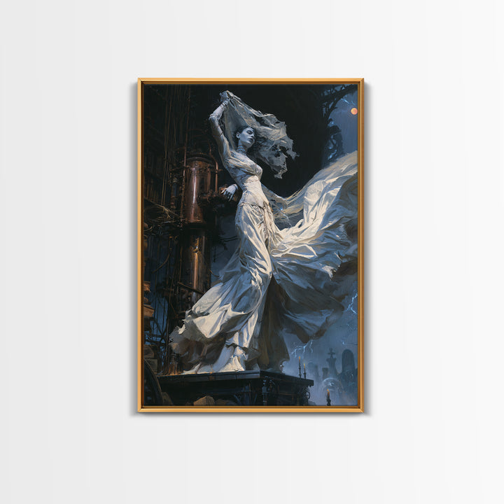 The Stitched Bride Of Thunder Hall, Antique Gothic Portrait, Vertical Wall Art, Framed Canvas Print, Gothic Wall Decor, Halloween Decor