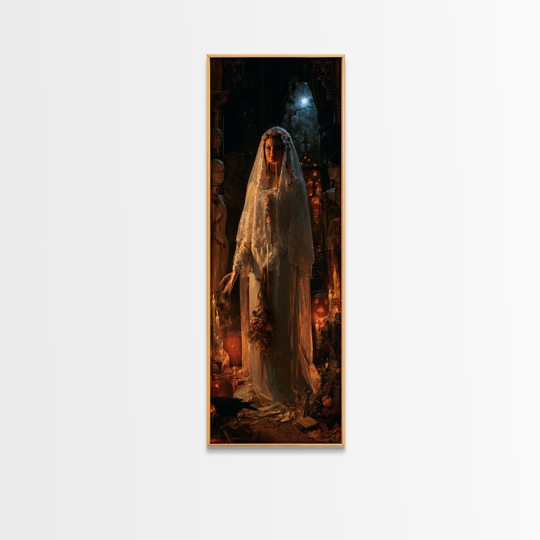 The Wax Bride Of Mourning Hall, Antique Gothic Portrait, Tall Narrow Wall Art, Framed Canvas Print, Gothic Wall Decor, Macabre Wall Art