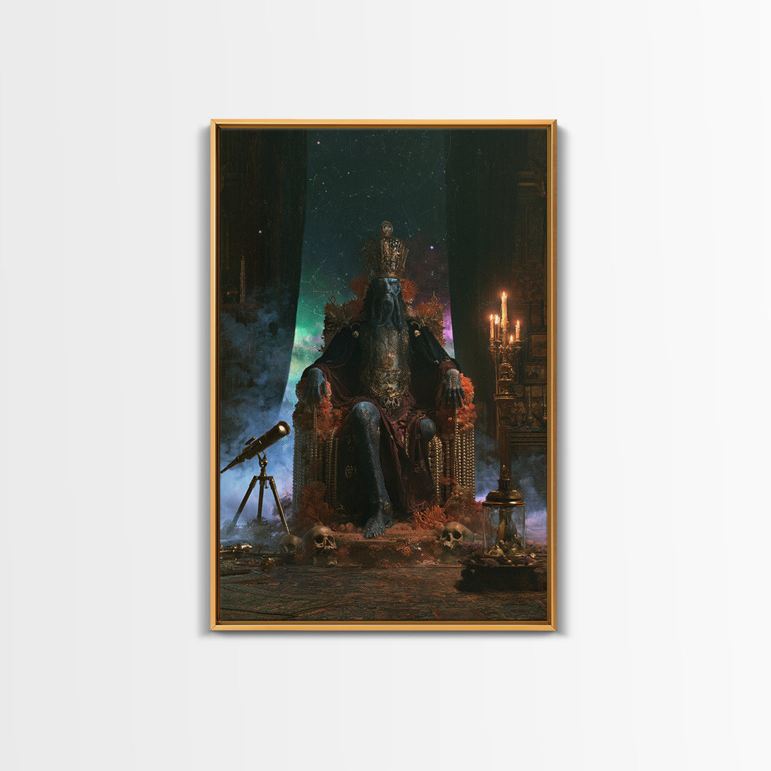 The Watcher In The Coral Throne, Lovecraftian Portrait Art, Vertical Wall Art, Framed Canvas Print, Gothic Wall Decor, Gothic Home Decor