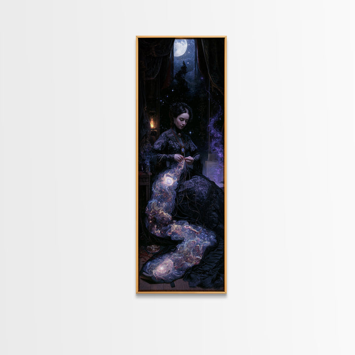 The Seamstress Of Living Nebulae, Victorian Cosmic Horror, Tall Narrow Wall Art, Framed Canvas Print, Gothic Wall Decor